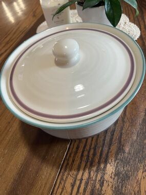 Pfalzgraff Ceramic Covered Casserole Dish in White with Teal and Lavender Trim